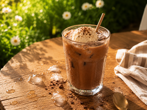 Cremige Eisschokolade mit pflanzlicher Milch, Vanilleeis und Natura Bio Haferdrink Kakao in einem hohen Glas.